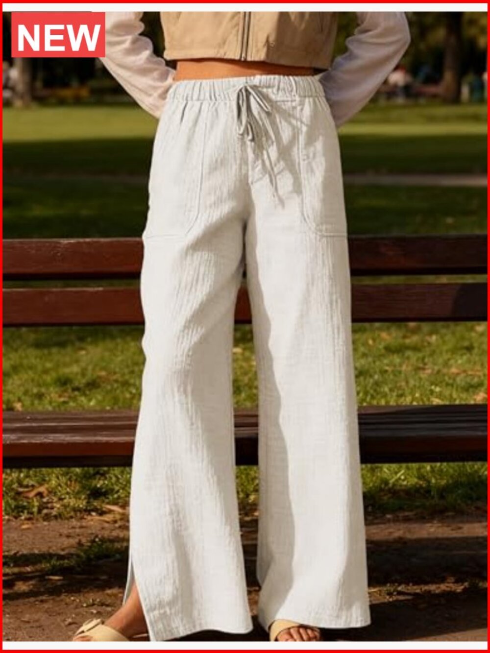 High Waisted Wide Leg Pants Cotton Linen Drawstring Lounge Pants Loose Fit - Picture 2 of 7